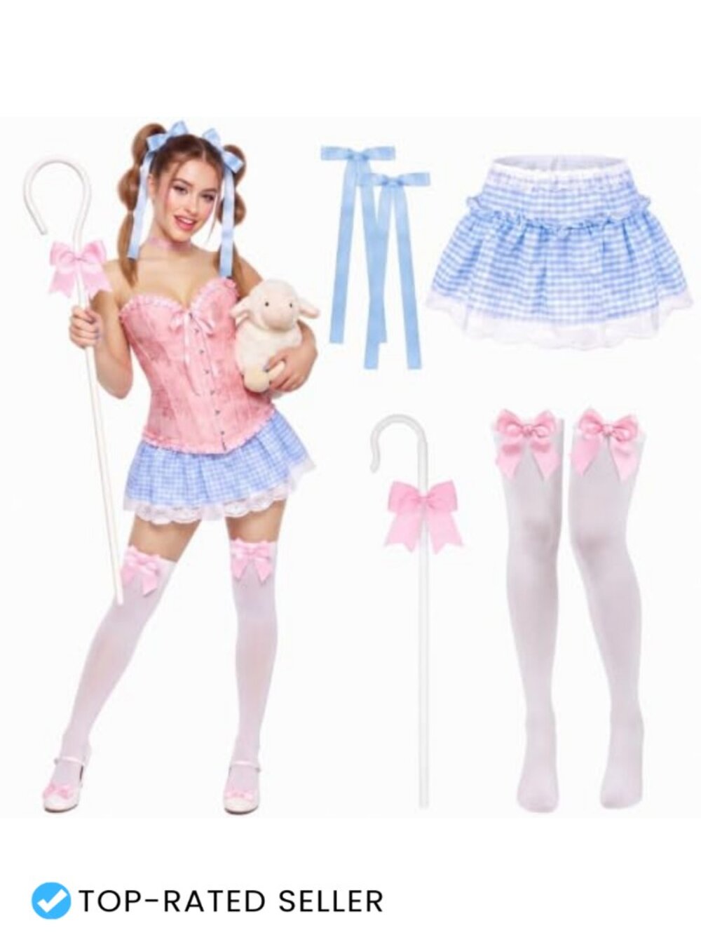Y2k Shepherdess Costume 5 Pc Set Plaid Skirt Bow Socks Cane